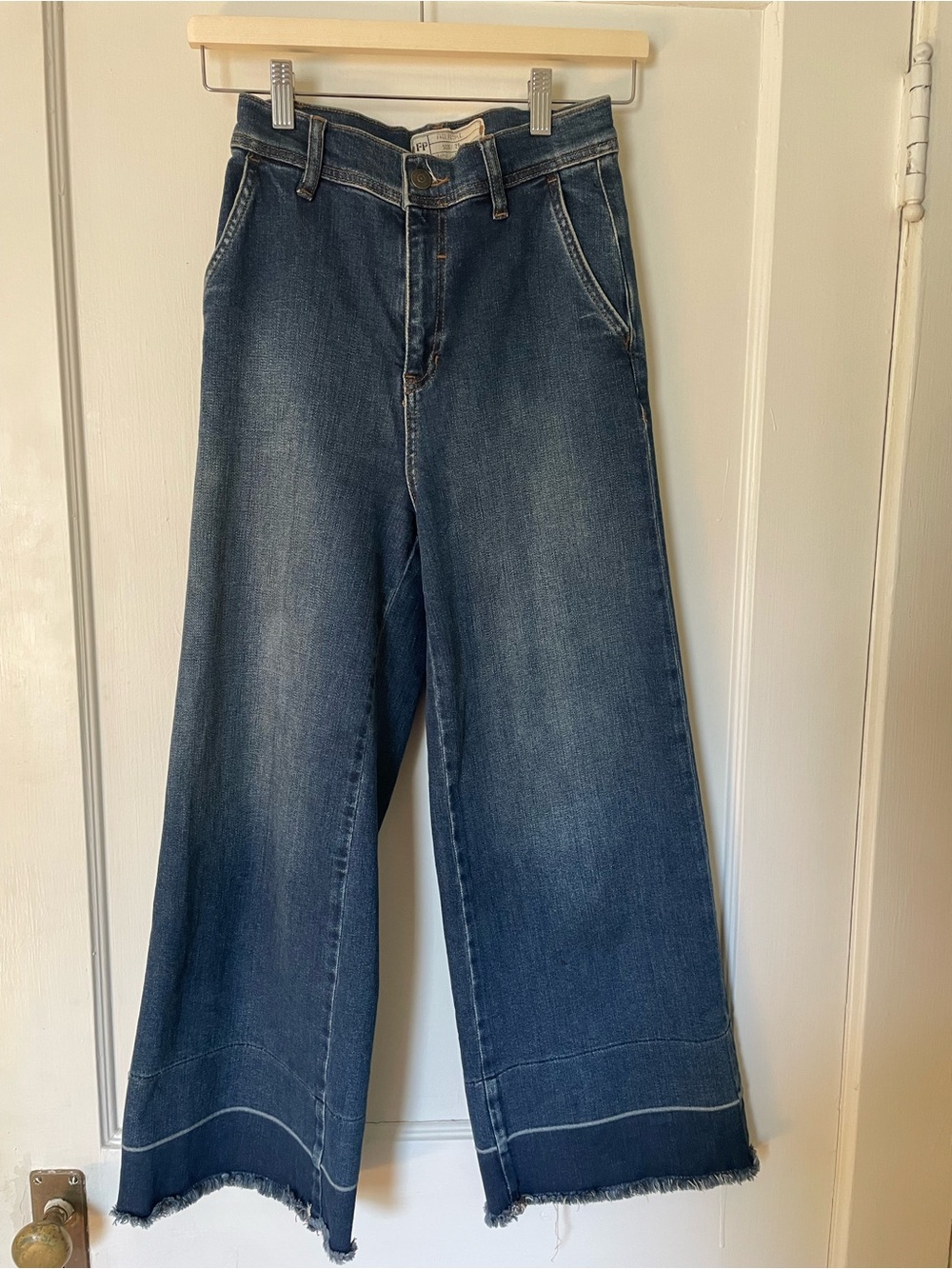 Free People Dark Blue Wide Leg Frayed Hem Jeans